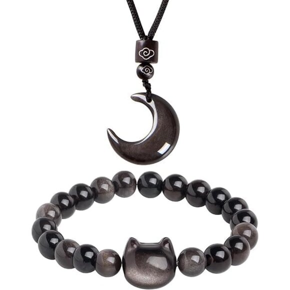 Black Obsidian Cat Beaded Necklace Set Moon Pendant Gift for Women - Picture 1 of 5